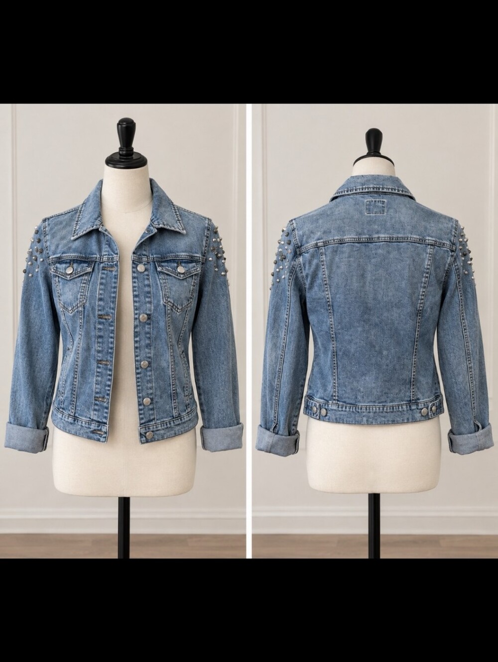 Light Blue Stones And Studs-Embellished Denim Jacket